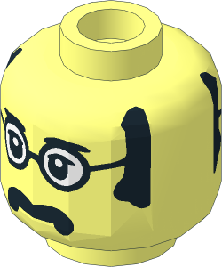 Minifig Head with Black Glasses with White Lenses, Sideburns and Moustache Neutral / Smiling 2-Sided Pattern