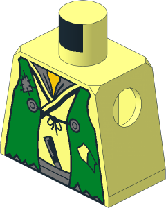 Minifig Torso with Tattered Green Vest, Yellow Neck and Silver Dagger and Lego Logo on Back Pattern