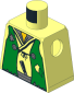 Minifig Torso with Tattered Green Vest, Yellow Neck and Silver Dagger and Lego Logo on Back Pattern
