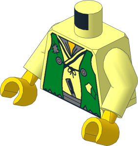 Minifig Torso with Arms and Hands with Tattered Green Vest, Yellow Neck and Silver Dagger and Lego Logo on Back Pattern