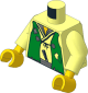 Minifig Torso with Arms and Hands with Tattered Green Vest, Yellow Neck and Silver Dagger and Lego Logo on Back Pattern