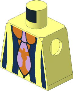 Minifig Torso with Jacket with Dark Blue Vertical Stripes over Orange Collared Shirt and Lavender and Orange Tie Pattern
