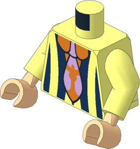Minifig Torso with Arms and Hands with Jacket with Dark Blue Vertical Stripes over Orange Collared Shirt and Lavender and Orange Tie Pattern