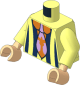 Minifig Torso with Arms and Hands with Jacket with Dark Blue Vertical Stripes over Orange Collared Shirt and Lavender and Orange Tie Pattern