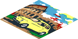 Sticker  5.8 x  5.8 with Bright Light Yellow FIAT 500 and Colosseum Painting