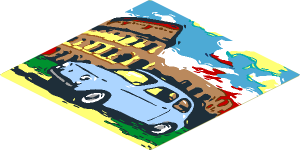 Sticker  5.8 x  5.8 with Bright Light Blue FIAT 500 and Colosseum Painting