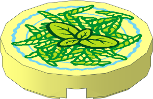 Tile  2 x  2 Round with Round Underside Stud with Dish with Green and Bright Light Yellow Pasta and Lime Basil Leaves Pattern