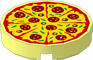 Tile  2 x  2 Round with Round Underside Stud with Pepperoni, Olive, and Green Bell Pepper Pizza Pattern