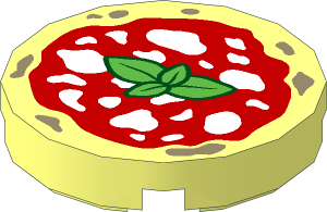 Tile  2 x  2 Round with Round Underside Stud with Red Sauce, White Cheese, Basil Leaves Pizza Pattern
