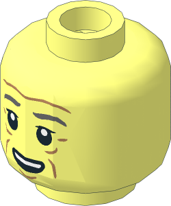 Minifig Head with Dark Bluish Gray Eyebrows, Medium Nougat Wrinkles and Chin Dimple, Open Mouth Smile with Top Teeth / Lopsided 2-Sided Pattern
