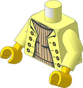 Minifig Torso with Arms and Yellow Hands with Jacket Open, Gold Buttons over Tan Ribbed Sweater Pattern