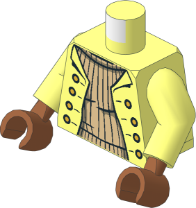 Minifig Torso with Arms and Sienna Brown Hands with Jacket Open, Gold Buttons over Tan Ribbed Sweater Pattern