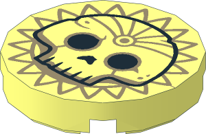 Tile  2 x  2 Round with Round Underside Stud with Black Skull Outline on Dark Tan Sun Pattern