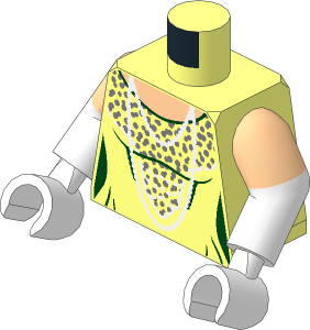 Minifig Torso with Arms and Hands with Dress with Dark Green Trim, Silver Dots and White Pearl Necklace and Stitching Pattern