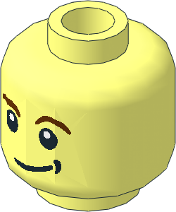 Minifig Head with Reddish Brown Eyebrows, White Pupils, Lopsided Smile with Black Dimple Pattern