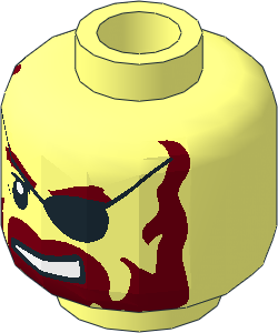 Minifig Head with Dark Red Moustache and Beard, Sneer, White Pupil and Eye Patch Pattern