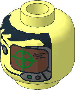 Minifig Head with Insectoids with Black Hair, Headset, Green and Copper Eye Grid Pattern