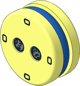 Minifig Head Round  1.8 x  1.8 Biscuit with Blue Filling, Black and Metallic Silver Gears on Front and White Clockface on Back Pattern