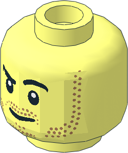 Minifig Head with Beard Stubble, Black Raised Right Eyebrow and Smirk Angled to Right Pattern