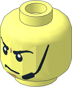 Minifig Head with Black Angry Eyebrows, Scowl and Headset Pattern