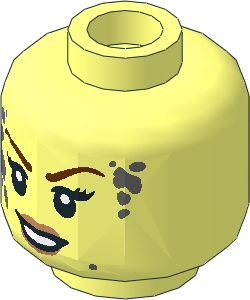 Minifig Head Female with Black Eyebrows, Peach Lips, Smirk / Smile with Mud Splotches 2-Sided Pattern
