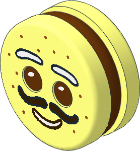 Minifig Head Round  1.8 x  1.8 Biscuit with Reddish Brown Filling and Reddish Brown Eyes and White Brows and Mouth with Dark Brown Moustache and Freckles Pattern