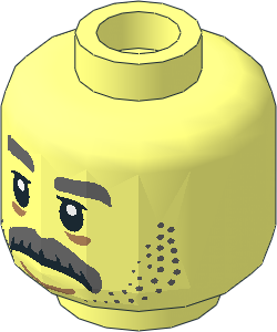 Minifig Head with Grey Eyebrows, Moustache and Stubble, Sad Face Pattern