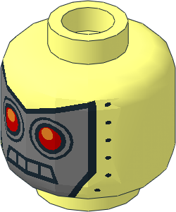 Minifig Head Robot with Red Eyes and 4 Black Outlined Squares Mouth on Silver Background with Black Rivets Pattern