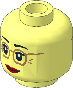 Minifig Head Female with Medium Nougat Glasses, Laugh Lines, Red Lips, Neutral / Raised Eyebrows Amused 2-Sided Pattern