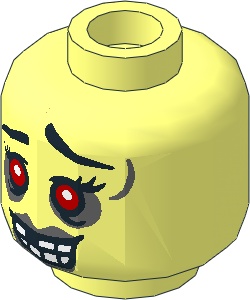 Minifig Head Female with Red Eyes and Dark Bluish Grey Lips and Wrinkles, Open Smile with Missing Tooth Pattern