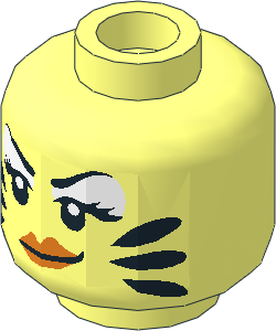 Minifig Head Female with Thin Black Eyebrows, White Eye Shadow, Orange Lips and Three Black Stripes on Cheeks Pattern