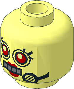 Minifig Head Female Robot with Red Eyes and Lips, 4 Metallic Silver Mouth Squares, Black Beauty Mark, Eyelashes and Headset Pattern