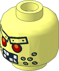 Minifig Head Robot with Red Eyes, Metal Eyebrows with Rivets, Broken White Teeth and Stubble Bolts Pattern
