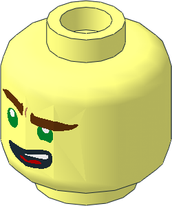 Minifig Head with Reddish Brown Eyebrows, Green Eyes, Lopsided Open Mouth Grin / Gritted Teeth 2-Sided Pattern