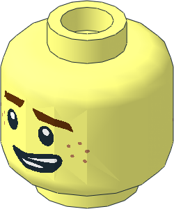 Minifig Head with Reddish Brown Eyebrows and Freckles, Lopsided Grin / Frown Pattern 2-Sided Pattern