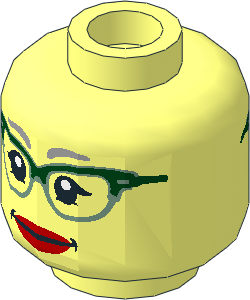 Minifig Head Female with Glasses with Dark Green Frames, Red Lips, Smiling / Smiling with Teeth 2-Sided Pattern