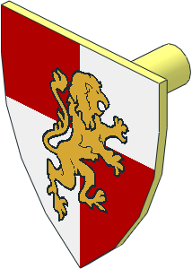 Minifig Shield Triangular with Gold Lion on Red/White Quarters Pattern