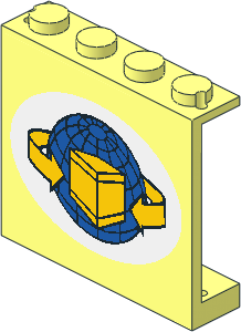 Panel  1 x  4 x  3 with Solid Studs and Blue Globe, Yellow Box and Curved Arrows Sticker