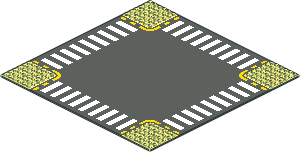 Baseplate 32 x 32 Road 6-Stud Crossroads with Yellow Road Edge and White Pedestrian Crossing Pattern Baseplate 32 x 32 Road 6-Stud Crossroads with Yellow Road Edge and White Pedestrian Crossing Pattern