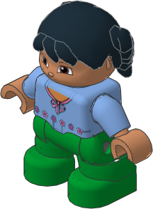Figure Duplo Child Girl with Green Legs, Medium Blue Top with Flowers and Black Hair Pattern